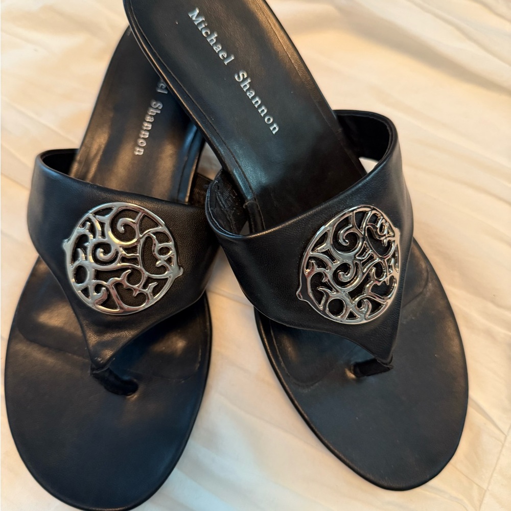 Michael Shannon Black Sandals with Ornate Silver Detail